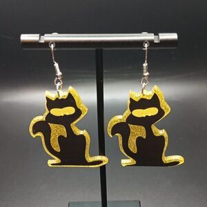 New Black Scary Cat Halloween Dangle Earrings On Yellow Sparkly Background